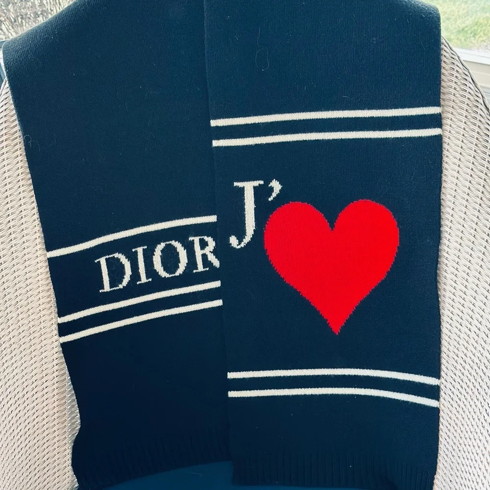 Dior J’♥ Dior Wool Cashmere Scarf Black Red Heart 12” x 76” NEW